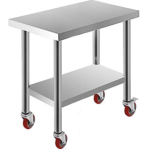 Mophorn 30x18x34 Inch Stainless Steel Work Table 3-Stage Adjustable Shelf with 4 Wheels Heavy Duty Commercial Food Prep Worktable with Brake for Kitchen Prep Work
