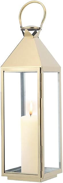 INMOZATA Decorative Lantern Stainless Steel Candle Lantern Glass Garden Lantern Tealight Holder for Wedding Indoor Outdoor Gold (15x15x40cm)