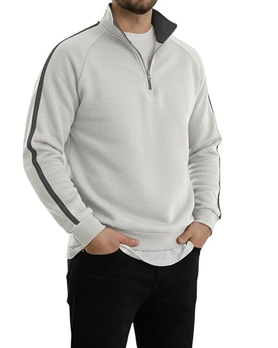 Image of Men's Quarter Zip Pullover Sweater with Contrast Stripe, Long Sleeve Athletic Casual Sweatshirt for Winter Wear, Black