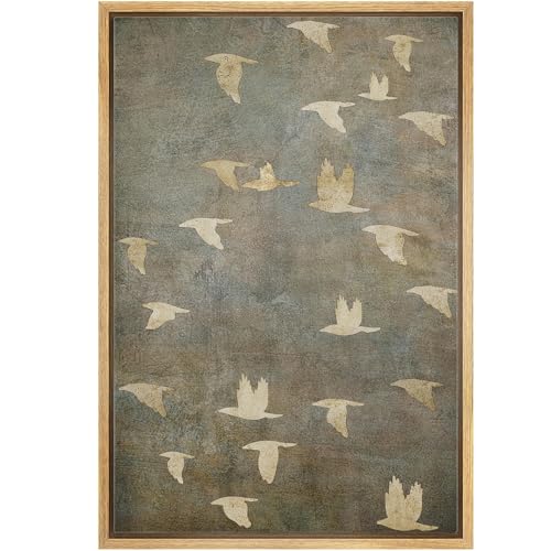 NWT Framed Canvas Print Wall Art Grunge Gold Flying Bird Collage Nature Wilderness Illustrations Modern Art Decorative Landscape Rustic Colorful for Living Room, Bedroom, Office - 24"x36" Natural