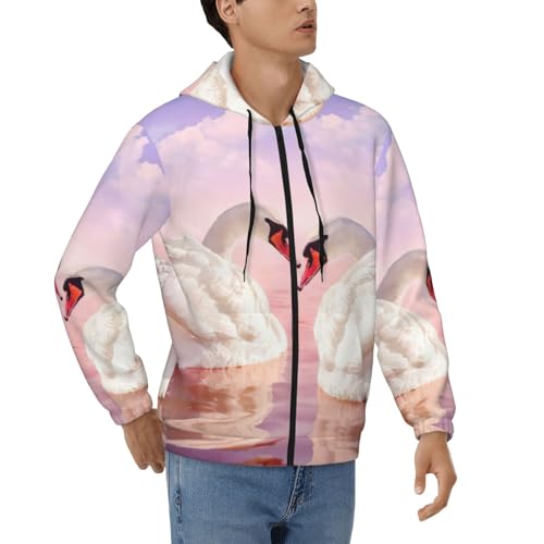 Sweats à capuche à fermeture éclair homme motif cœur cygne imprimé