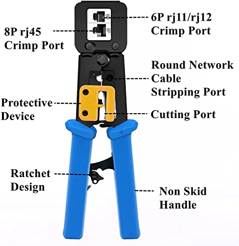Gaobige Rj45 Crimping Tool for Cat5 Cat5e Cat6, A Sturdy Crimper for Rj45 Rj12/11 EZ Pass-Through Connectors with 50PCS Pass-Through 8P Connectors, 50PCS Covers and a Wire Stripper