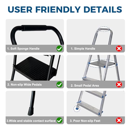 Image of 4 Step Ladder with Handrails, Folding Step Stool with Wide Anti-Slip Pedal, 300 lbs Capacity Sturdy Steel Ladder, Ladder for Home, Garden, Painting, Outdoor, and Garage, Black