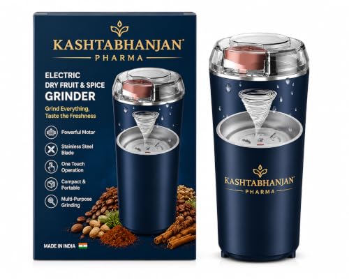 Image of KASHTHABHANJAN PHARMA Electric Coffee Grinder Spice & Coffee Bean Grinder Stainless Steel 4 Blade Mixer Grinder for Masala & Herb Push Button Control Durable Grinding Machine for Dry Item (Blue)