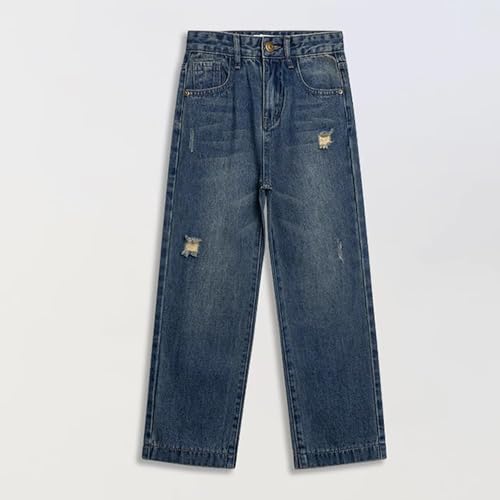Men's Distressed Straight-Leg Denim Jeans - Classic Blue Washed Denim Pants with Ripped Details2
