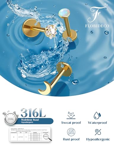 Florideco 14K Gold Filled Threadless Nose Studs for Women Hypoallergenic Surgical Steel Nose Rings Push In Flat back Nose Stud Labret Studs CZ Tragus Helix Piercing Jewelry 16G 18G 20G3