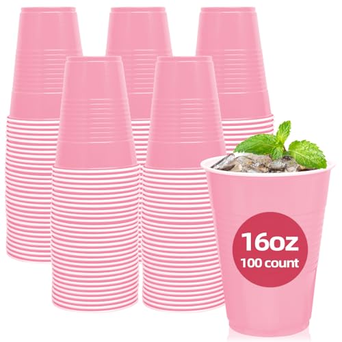 100 Pack Pink Plastic Cups 16 oz Pink Disposable Cups pink Solo Cups Heavy Duty for Girls Party Bridal Shower
