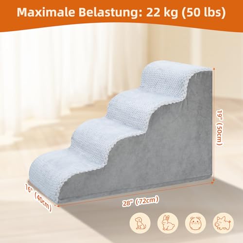 KSIIA Hundetreppe 4 Stufen, 50cm Hoch Haustiertreppe Hundetreppe für Kleine Hunde, Katzentreppe Hunderampe mit Waschbar Bezug für Bett, Couch, Sofa und Auto, 40x72x50cm, Grau