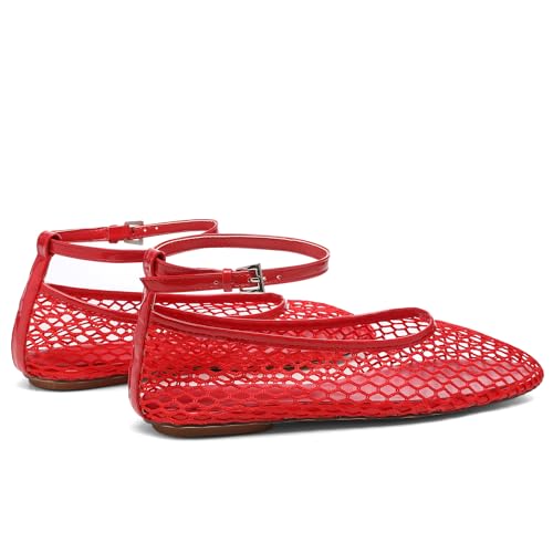 Mesh Ankle Strap Flats for Women Round Toe Ballet Flats Shoes,Casual Mary Jane Flats Comfortable Daily Dress Shoes