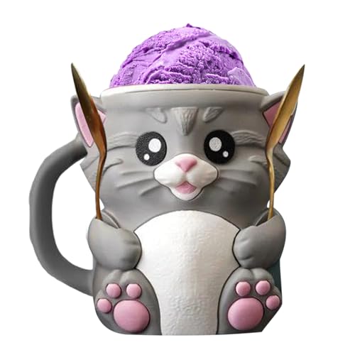Ice Cream Pint Holder, Reusable Cat Themed Dessert Cup Sleeve, 6.61 x 5.39 x 5.47 Inches 3D Printed Design with Spoon, Lightweight Material for Beach, Movie Nights, Trips, Parties, Birthday, Home