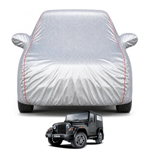 Image of Thar 2010-2019 Models 100% Waterproof Car Cover for All Weather Protection Mirror & Inner Cotton Triple Stitched Cover, Adjustable Belt Bottom Elastic to Secure Fit (Metalic Silver)