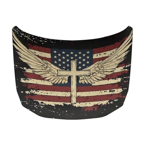 Image of Car Hood Cover Protector Waterproof Stretchable Car Hood Wrap Blanket Auto Patriotic Decorations for Compact Sedans SUV Trucks Pickup (American Flag Cross Wings Design)
