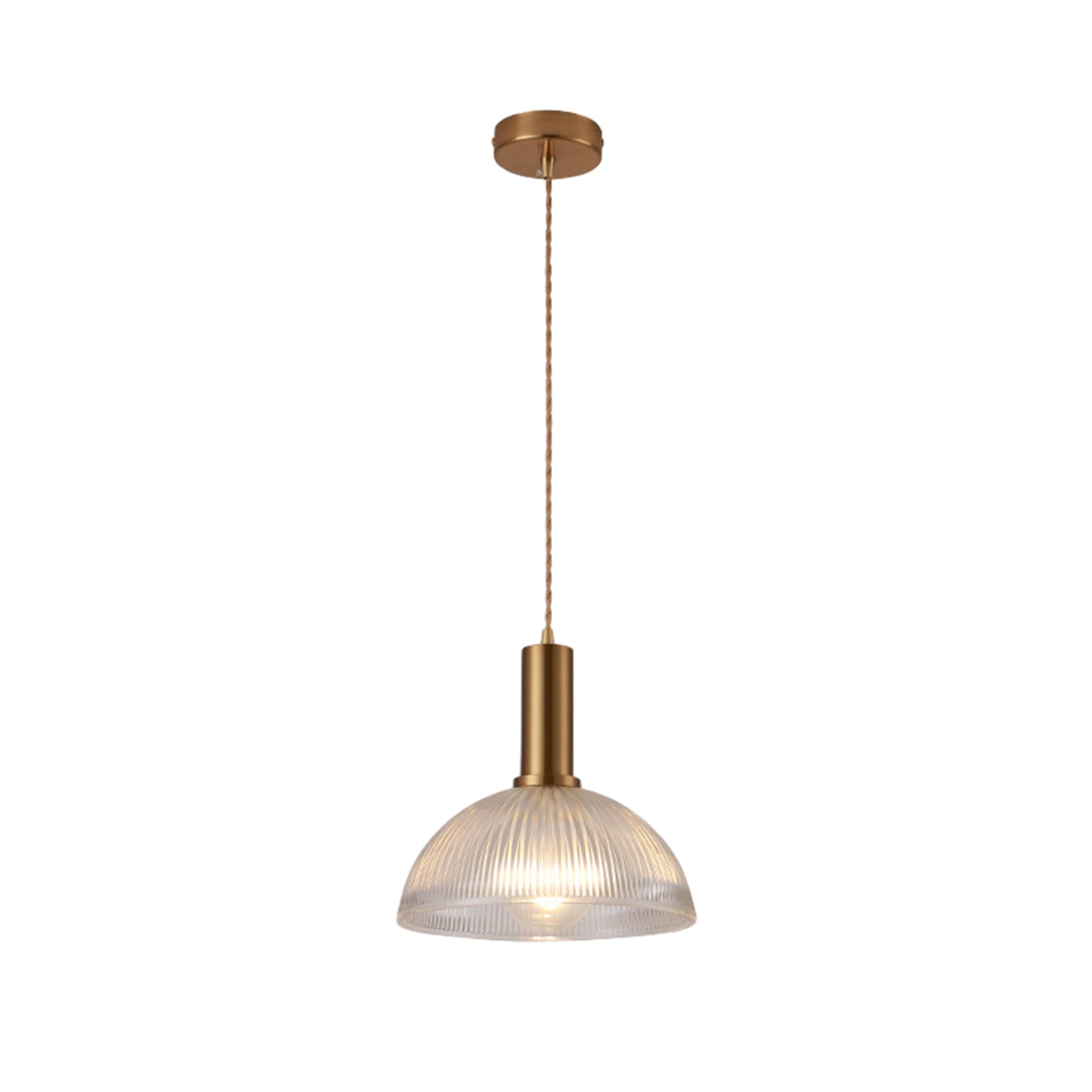 EKSED Lámpara Colgante - Pantalla Colgante de Vidrio Transparente Estriado de 25 cm con Portalámparas E27 Dorado y Cable Trenzado - Lámpara Colgante para Isla de Cocina, Salón (A)