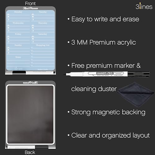 Image of 3 Lines ClearBite Acrylic Magnetic Meal Planner Board | Sleek & durable | Includes Marker & Duster | 24x16 CM | Perfect for Meal Planning, Shopping Lists, Notes | Ideal for Home, Office | Blueberry