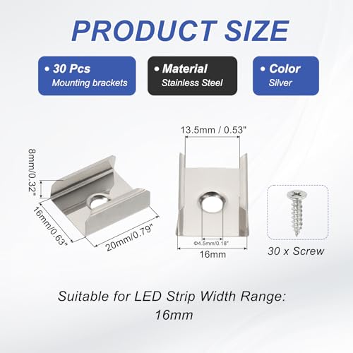 Image of PATIKIL LED Strip Clips, 30pcs Stainless Steel Mounting Brackets Fixing Clip Clamp Support Holder with Screws for 16mm LED Strip Lighting Cable