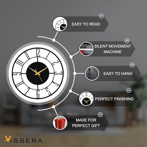 Image of vissera Designer Metal Wall Clock for Living Room | Antique Stylish Fancy Decorative Big Size Wall Watch for Bedroom, Office, Kitchen, Dining, Hall and Decor