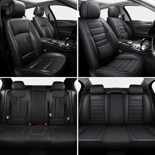 Image of MINGBRON Black Car Seat Cover with Lumbar Support, Car Seat Protector Waterproof, Nappa Leather Car Seat Cushion, Car Seat Covers Front Seats and Back Fit for Most Cars