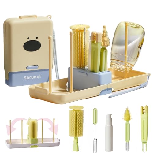 Image of Baby Bottle Brush Set,7 in 1 Bottle Cleaner Brush Kit with Silicone Bottle Brush,Nipple Cleaning Brush,Straw Brush,Soap Dispenser,Storage Box,Bottle Drying Rack for Home and Travel,Yellow