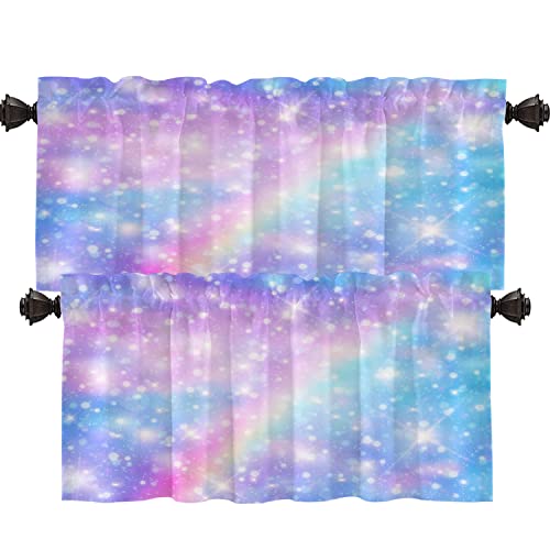Shrahala Galaxy Fantasy Pastel Kitchen Valances Half Window Curtain, Pastel Rainbow Unicorn And Glitter Stars Kitchen Valance For Window Kitchen Valances For Kitchen Decor 52X18 Inch(2Pcs) #TOP6
