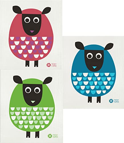 Image of Trendy Tripper 3-Pack Earth-Friendly Swedish Dishcloth /Reusable Sponge Cloth Eco Sponge Modern Sheep (3 Pk: Bright Green + Red /Purple + Petrol)