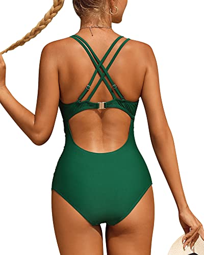Charmo Tummy Control One Piece Bathing Suits For Women Ruched V Neck Swimsuits Strappy Monokini Green Large #TOP2