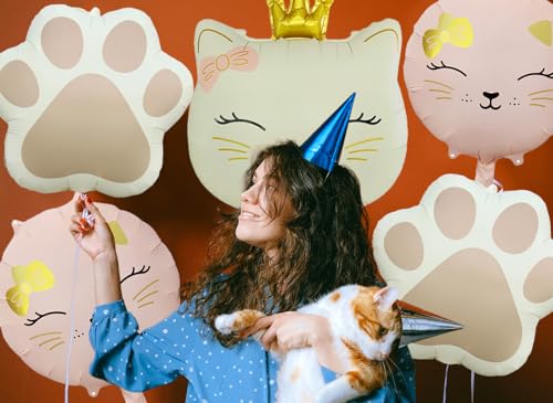 Image of 5Pcs Cat Head Foil Balloon | Cute Crown Kitten,Kitty Paw,Birthday Party Supplies(Cream White,Pink)