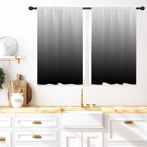 Coxila Black and White Kitchen Window Curtains 27.5 x 39 Inch Small Short Mini Cafe Rod Pocket Grey Gray Ombre Living Bedroom Room Home Treatment Set of 2 Curtain Panels Drapes Tiers