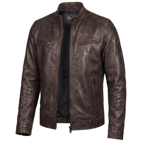 Image of Men Cafe Racer Motorcycle Style Solid Leather Jacket Slim Fit Motorcycle Brown Cafe Racer Leather Jacket