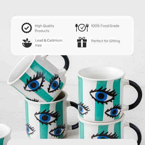 Image of The Earth Store Evil Eye Tea Cup Set of 6, 150 ML Each, Microwave and Dishwasher Safe Coffee Cups | Cup Set for Tea | Tea /chai Cups for Gifting, Home & Office Use, Every Occasion
