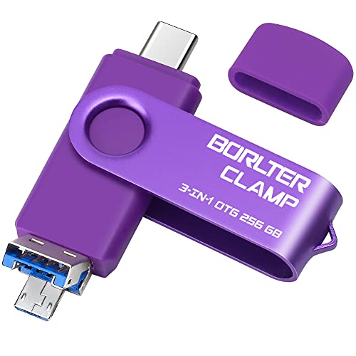 256 GB USB-minne 3-i-1 för Android-mobiltelefoner, BorlterClamp OTG USB 3.0-flash-enhet minnessticka med 3 USB-portar (USB Type-C/microUSB/USB-A) för Samsung Galaxy, bärbara datorer och mer (lila)