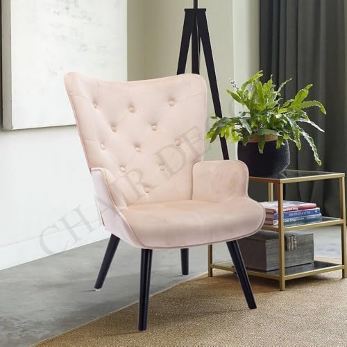 Image of Velvet Wingback Accent Chair for Living Room | Luxury High Back Tufted Armchair with Glossy Metal Legs | Modern Velvet Upholstered Lounge Chair for Home & Office | 1 Pc (Baby Pink)