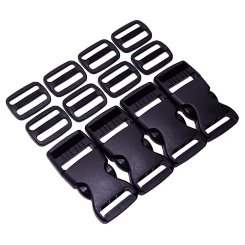 sutoyuen Heavy Duty Adjustable Quick Side Release Buckle Plastic Clip 4 set + Tri-Glide Slide 8 pcs- Ideal for 1 inch Nylon Web Belt Webbing Swing Straps, Replacement Buckles for Backpack Pet Collar Cover