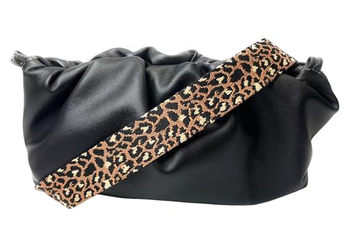 Image of Brown Black Leopard Purse Strap with Silver Hardware 1-1 /2 Inch Wide Replacement Crossbody Guitar Style Shoulder Strap for Handbags Totes