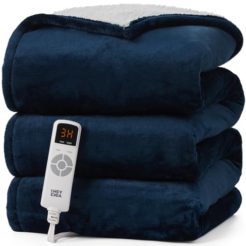 EHEYCIGA Heated Blanket Electric Blanket Twin - Heating Blanket with 5 Heating Levels & 10 Hours Auto Off, Soft Cozy Sherpa Washable Blanket with Fast Heating, 62 x 84 Inches, Navy Blue