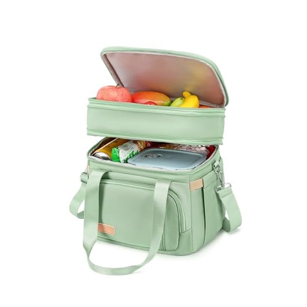 Lunch Box for Men Women – Double Deck Insulated Lunch Bag, Large Leak Proof Tote Cooler, Wide Open Dual Compartment Lunch Bags with Shoulder Strap, For Work Picnic Hiking Beach, Green