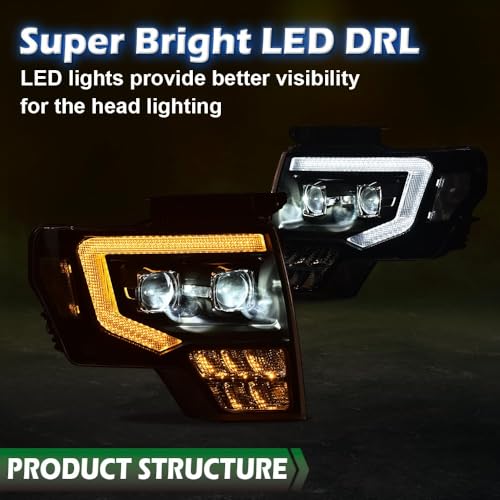 Image of GRAND ORANGE LED Headlights Assembly, Compatible with Ford F150 2009 2010 2011 2012 2013 2014 LED Tube Dual Projector Headlights Assembly with Switchback(Clear lens Black Housing Clear Reflector)