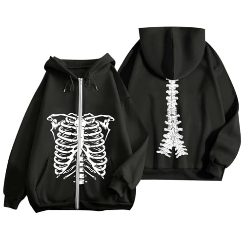 Women's Zip Up Hoodies Skeleton Graphic Long Sleeve Loose Cardigant Jackets Y2K Casual Oversized Blouse with Pocket