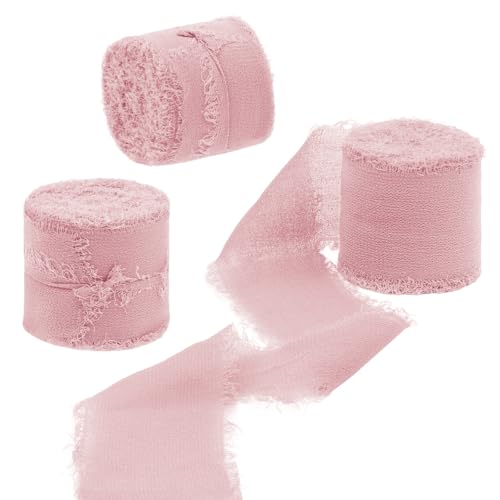 Uiopa 3 Rolos de Fita de Gaze, 4cm x 15m Fita de Presente com Franjas, Fita Rosa Decorativa de Tecido para Envolver Presentes, Convites de Casamento, Ramo de Flores, Artesanato