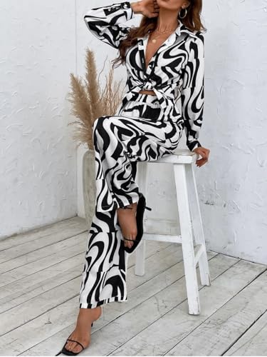 Greciilooks Women Co Ord Set| Printed Shirt & Bottom Set For Women| Straight Printed Pant| Women Two-Piece Outfits| Summer Wear| Outdoor Wear (Large, Black)