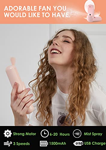 Honhey Handheld Fan Misting Fan, 3 In 1 Hand Fan, Portable Mini Fan With Rechargeable Battery Operated And 3 Adjustable Speed[6-13-20 Working Hours], Foldable Personal Fan For Girls Women Travelling (Pink) #TOP1