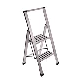 Step Ladder 2 Step Folding, Decorative - Modern Beautiful Aluminum, Ultra Slim Profile, Anti Slip St