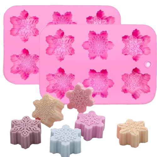 2 moldes de silicona con copos de nieve para tartas, paquete de 6 cavidades de Navidad, para hacer pasteles, chocolates, postres hechos a mano, moldes de jabón para hornear magdalenas de gelatina