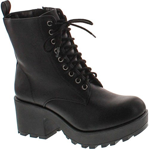 Soda Women's Magpie Faux Leather Lace-Up Combat Mid Heel Military Ankle Boots, Black
