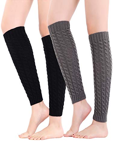 Blulu 2 Pairs Women Leg Warmers Long Footless Socks Knit Winter Stockings for Dance, Yoga and Ballet (Black Twist, Grey Twist)