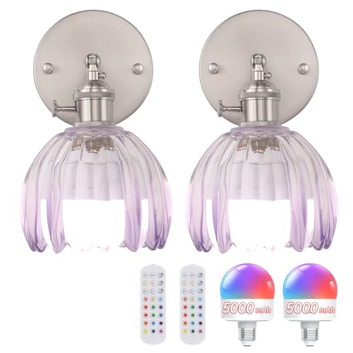 Image of Shenmoyl Vintage Wall Sconce Set of 2 - Rechargeable Battery Powered with Remote Control, Translucent Purple Tulip Glass Shade (5000mAh) for Bedroom /Doorway