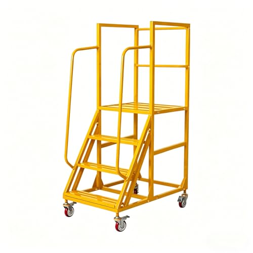 Image of Rolling Ladder with Wheels, Mobile Rolling Stairs with Handrail Industrial Warehouse, Rolling Steps Ladder with Fence，for High Shelf aisles,Warehouses,Supermarkets, Libraries. (Yellow, 4 Steps)