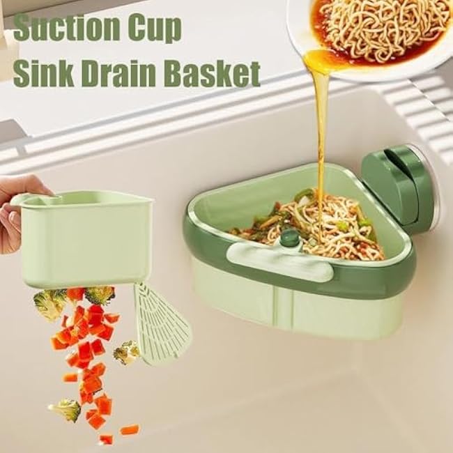 Sink Strainer Basket, Plastic Sink Storage Rack Holder, Upgraded Suction Cup Press Drainer Basket,Food Waste Catcher for Triangular Sinks Basket Shelf with Suction Cup Sucker for Kitchen(Green2pcs)