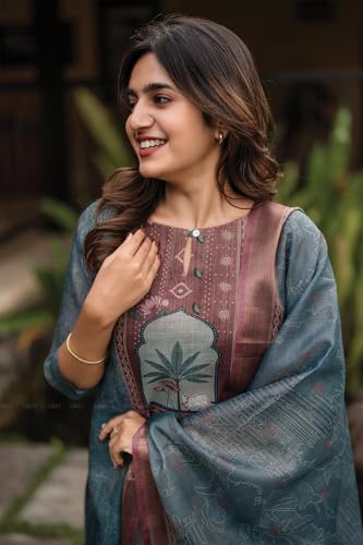 Image of Linen Shimmer Kurta with Dupatta for Women | Hariyali Ethnic Printed 2-Piece Set | Stylish Daily & Festive Kurti Set