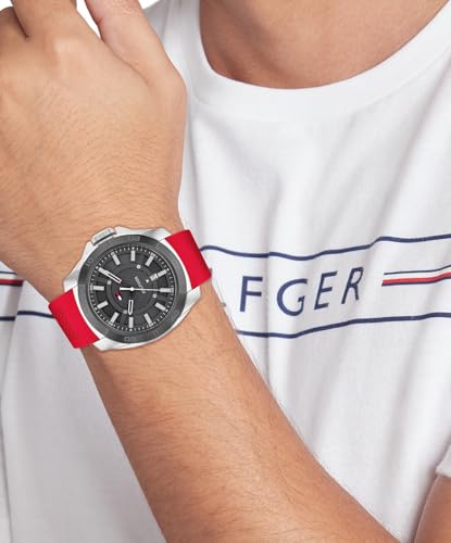 Image of Tommy Hilfiger Men's Red Stainless Steel & Silicone Strap Black Dial Analog Watch
