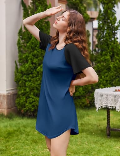 Image of Ekouaer Nightgowns for Women Bamboo Viscose Night Gown Short Sleeve Sleep Shirt Cooling Nightshirt Soft Sleepwear Blue Black Large